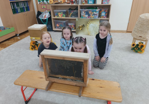 Dziewczynki oglądają żywe pszczoły w ulu
