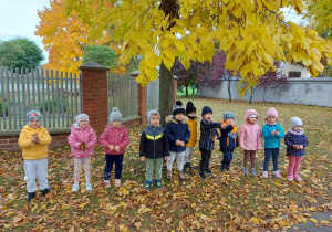 Grupowe zdjęcie przedszkolaków pod jesiennym drzewem