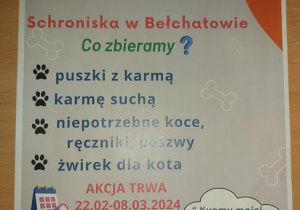 17. Plakat informujący o zbiórce artykułów dla Schroniska w Bełchatowe