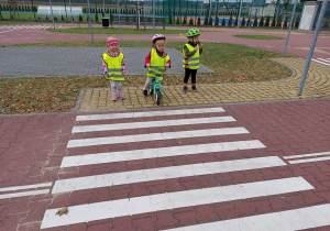 Rowerzysta i piesi przechodzą na drugą stronę.