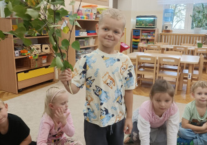 Chłopiec trzyma w ręku gałąź z liśćmi brzozy.