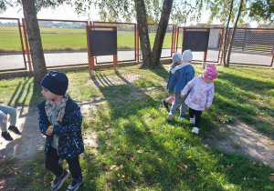 Dzieci szukaja jesieni na placu przedszkolnym