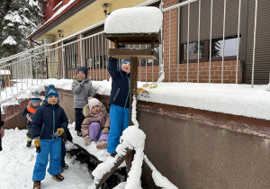 Przedszkolaki dosypują nasiona do karmnika.