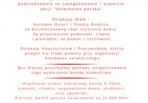 Podziękowanie dla rodziców i dzieci za udział w akcji Szlachetna paczka