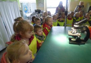 Przedszkolaki oglądają mikroskop.