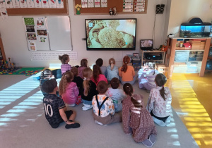 Dzieci oglądają film edukacyjny o produkcji chleba
