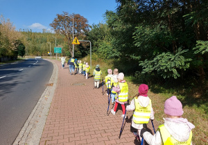 Przedszkolaki ustawione w rzędzie maszerują z kijkami.
