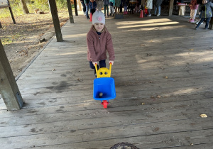 Dziewczynka biegnie z taczką.