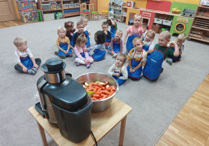 Dzieci słuchają Pani, która omawia działanie sokowirówki