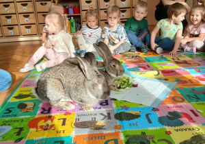 Dzieci oglądają jedzące króliki.