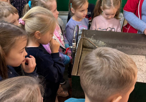 Dzieci oglądają miejscu w którym kąpie się bombki.