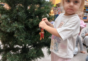 02. Dziewczynka zawiesza pierniczka na choinkę.