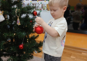 14. Chłopiec zawiesza czerwoną bombkę na choinkę.