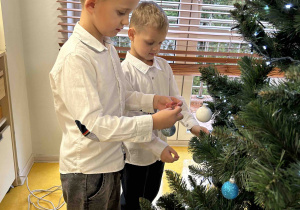 Chłopcy dekorują choinkę.