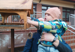 15 Chłopiec sypie ziarenka do karmnika dla ptaszków