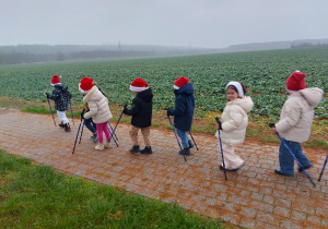 Dzieci idą w czerwonych czapkach mikołajkowych z kijkami