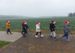 Dzieci w mikołajkowych czapkach idą z kijkami