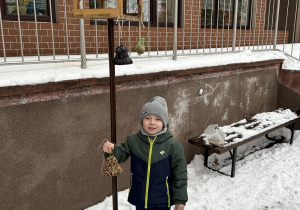 Chłopiec przy karmniku.