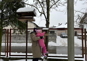 Dziewczynka sypie ziarno słonecznika do karmnika.
