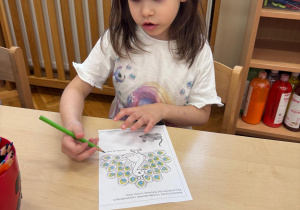 Dziewczynka koloruje pawia.