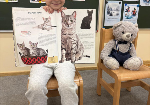 Dziecko siedzi obok Misia i opowiada o swojej ulubionej książce