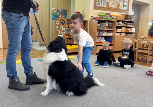 Chłopiec głaszcze psa.