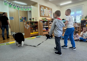 Chłopcy idą za psem trzymając go na smyczy.