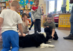 Dzieci czesza psa grzebieniem.