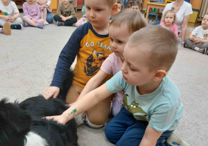 Dzieci witają się z pieskiem.