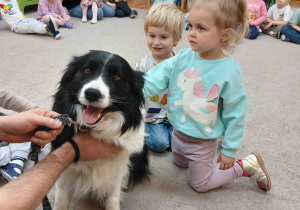 Chłopiec i dziewczynka dotykają psa.