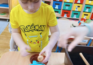 12. Chłopiec wkłada ziarenka roślin do ziemi.