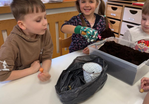 Dziewczynka trzyma łopatkę z ziemią.