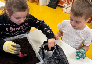 Dziewczynka sadzi cebulkę.