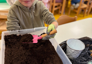 Chłopiec sypie ziemię.