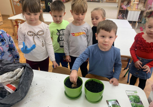 Chłopiec sadzi cebulkę tulipana.