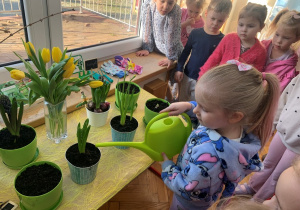 Dziewczynka podlewa rośliny w zielonym kąciku.