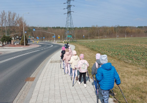 Przedszkolaki maszerują z kijkami.