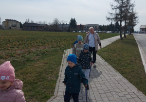 Przedszkolaki maszerują z kijkami.