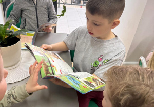 Chłopcy oglądają czasopisma.