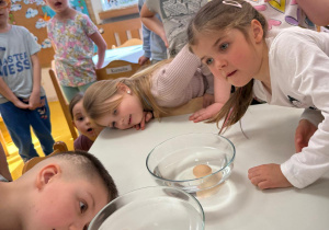 Dzieci porównują, w której wodzie pływa jajko.