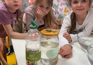 Dzieci obserwują jajko zanurzone w occie.