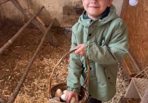 Chłopiec wkłada jajka do koszyczka.