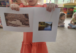 Dziewczynka z ilustracjami brudnej i czystej rzeki.