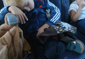 Chłopiec śpi w autobusie.
